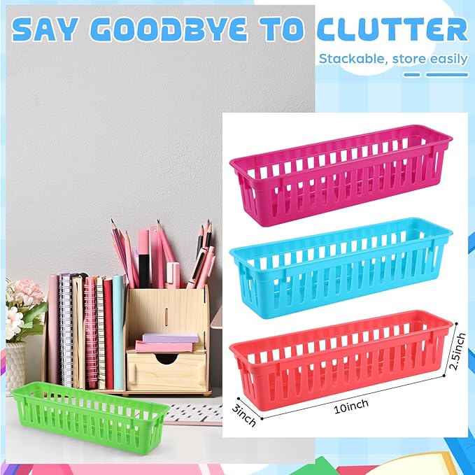 12 Pcs Colorful Slim Plastic Storage Baskets Tray 10 x 3 x 2.5 Inch Compact Stackable Desk Organizer for Office, Classroom, School Supplies, and Home Storage, Organization(Colorful)