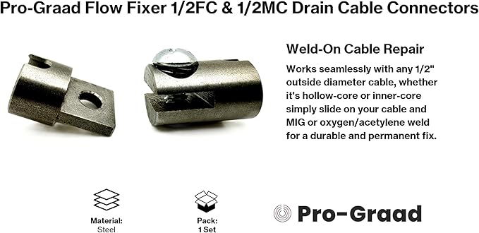 Flow Fixer 1/2” Slotted Drain Cleaner Cable Weld On Repair End, 1/2FC & 1/2MC MALE and FEMALE WELD-ON CABLE END REPAIR for 1/2" Cables. Fits All 1/2" O.D Cables, Hollow or Inner Core