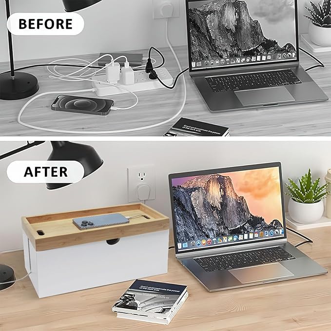 Bamboo Cable Management Box, Large Cord Organizer Box Cable Box to Hide Wires & Power Strips for Desktop Storage Cord Holder for Office Home, No Assembly Required