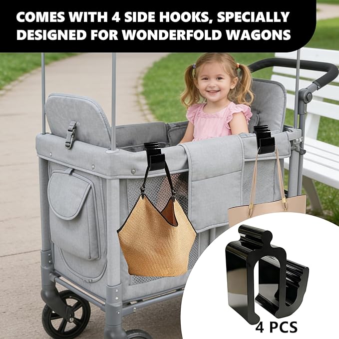Universal Wagon Accessories, Upgraded Side Hooks with 30kg Load Capacity - Sturdy Stroller Hooks & Space-Saving Travel Organizer for All Stroller Wagons (4 PCS)