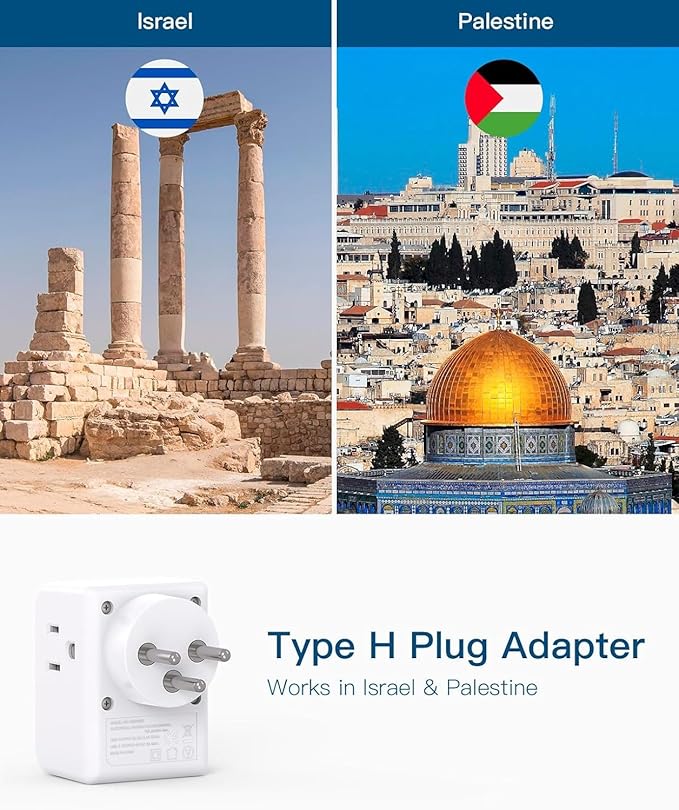 2 Pack Israel Power Adapter, One Beat Israel Travel Plug Adapter with 3 American Outlets 4 USB Ports (2 USB C), 7 in 1 Type H Travel Adapter Plug Converter for US to Israel, Jerusalem, Palestine