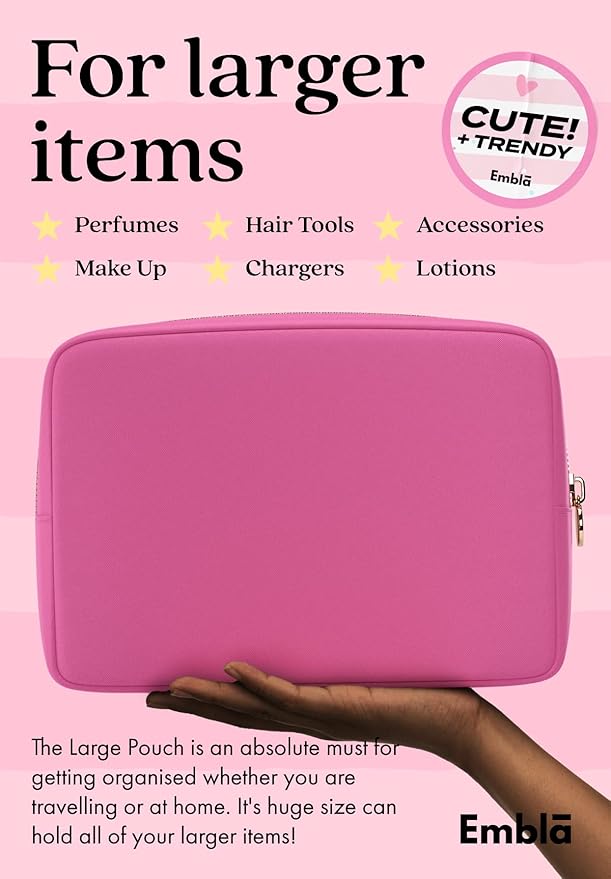 Embla Makeup Bag Travel Cosmetics Pouch and Toiletry Bag, Nylon Zipper Pouch Purse, Cute Make Up Organizer Storage Tote for Women Girls, Travel Skincare Case, Large Makeup Bags, Bubblegum