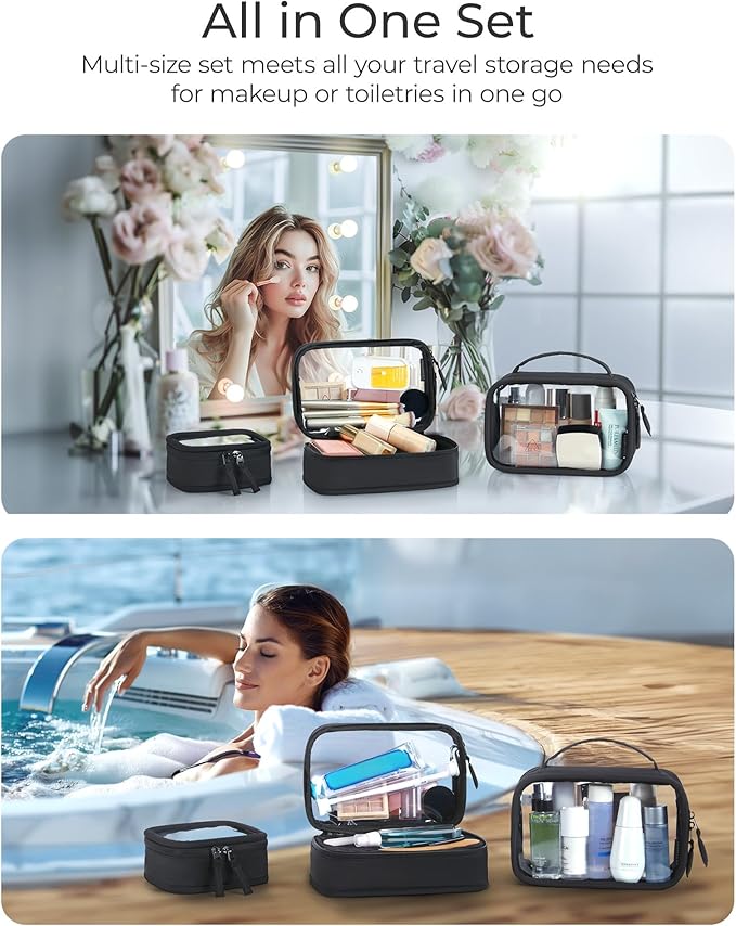 BAGSMART Double Layer Clear Makeup Bag, TSA-Approved Toiletry Bag, Large Opening with Handle, Cute Water-Resistant Travel Cosmetic Bag with Double Zipper for Car Essentials (Pink)