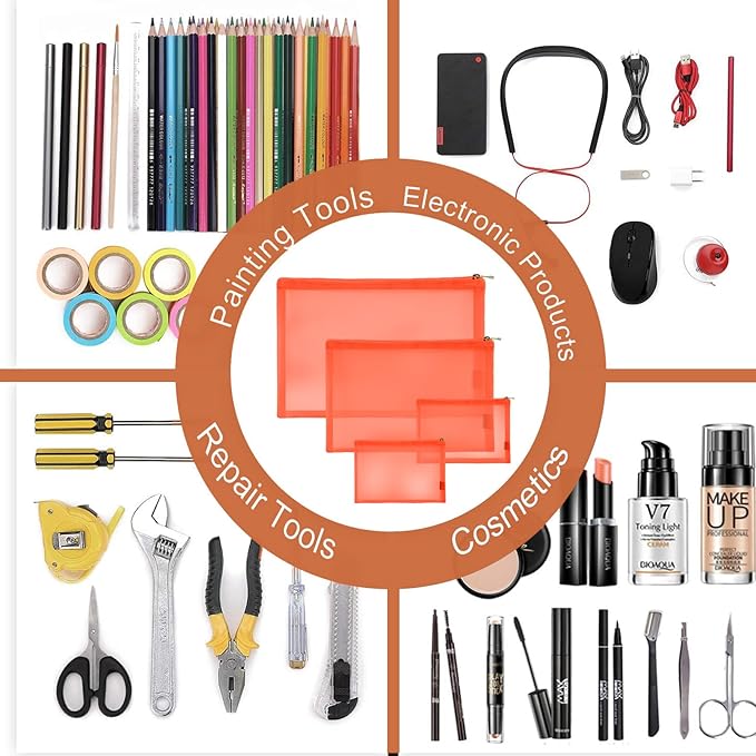 EASYFUN Mesh Pouch, Makeup Bag with Zipper Cosmetic Organizer Pouch for Daily or Travel to Keep Small Items, 4 PCS Orange