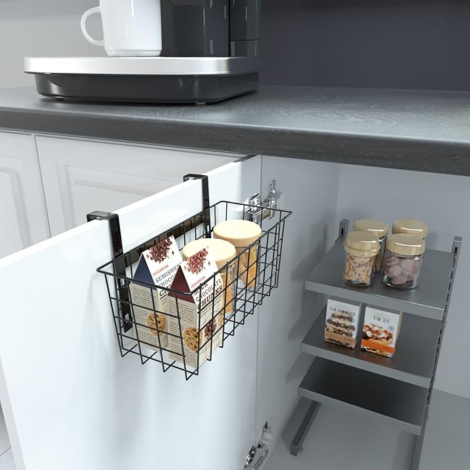 MaraFansie Basket with Hook, Grid Storage Basket, Over the Cabinet Door Organizer, Wire Hanging Basket with Hook Over the Railing, Under Sink Kitchen Cabinet, Pantry, Bathroom, Black, 2 Pack