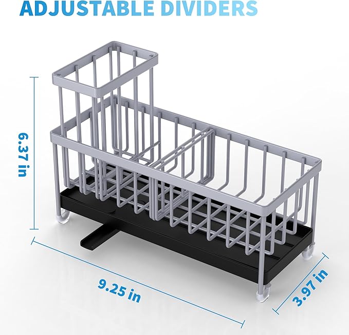 Cisily Light Gray Sponge Holder for Kitchen Sink, Sink Caddy Organizer with High Brush Holder, Kitchen Countertop Organizers and Storage Essentials, Rustproof 304 Stainless Steel, Soap Dispenser