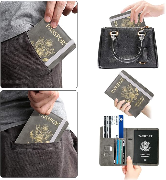 WALNEW Passport Holder for Travel, RFID Passport Cover Wallet for Women Men, PU Leather Passport Book Card Holder Case with Pen, Travelling Essentials for Flying