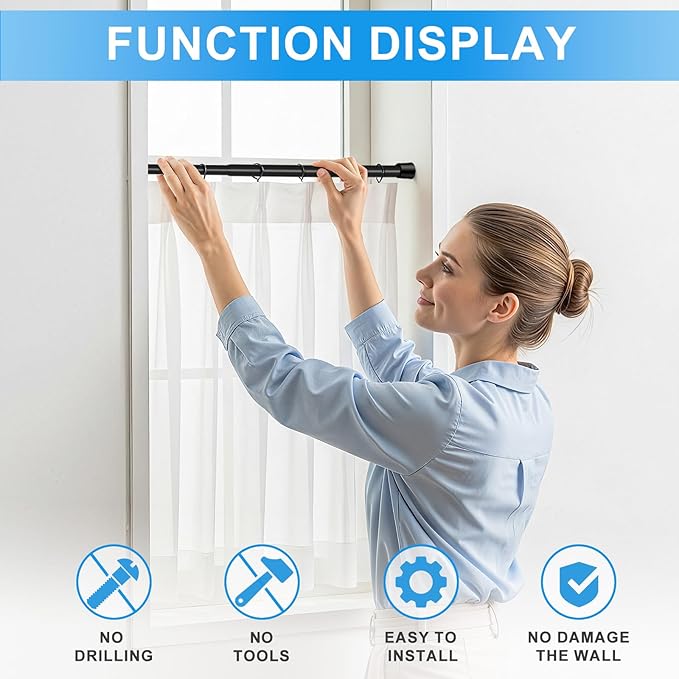 2 Pack Spring Loaded Tension Rod 17-41" Adjustable Curtain Rods No Drill Extendable Spring Rod Tension Curtain Rods For Window Kitchen Shelves Rv Refrigerator And Small Spaces,Black
