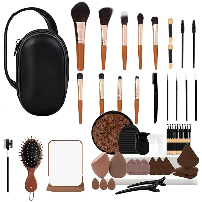 Travel Makeup Brush Set, 77Pcs Mini Makeup Kit Synthetic Foundation Concealers Eye Shadows Brushes Powder Puff with Eyelash Curler Eyebrow Razor Comb Mirror Hair Clips Cosmetic Bag (Brown)
