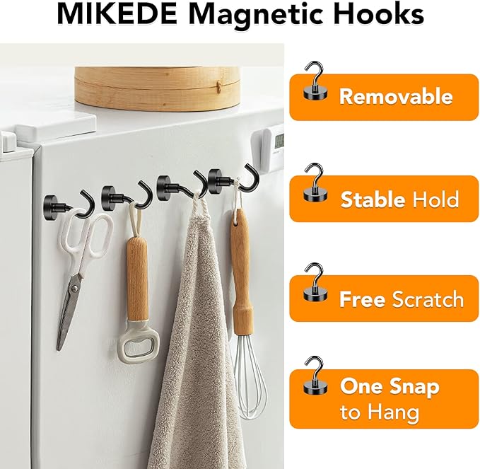 MIKEDE Magnetic Hooks, 50LB+ Heavy Duty Magnet Hooks for Cruise Cabins, Super Neodymium Hanging Hooks Black Strong Magnets with Hook for Fridge, Magnetic Hanger for Grill, Toolbox - Pack of 4