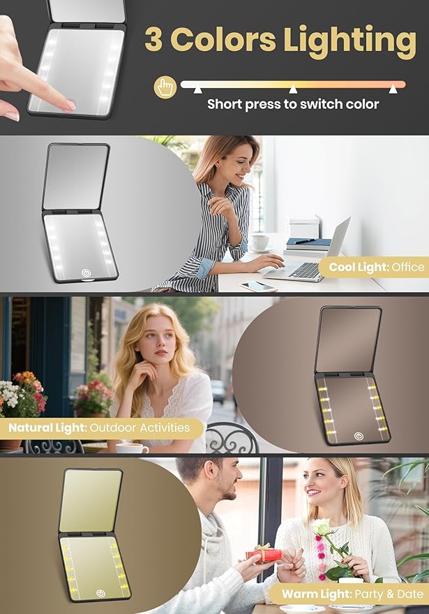 Compact Mirror, Rechargeable 30X Magnifying Mirror with 3 Lighting Modes & Dimmable Brightness, Portable Travel Makeup Mirror with Light, Essentials for Travel, Pocket, Purse, Gifts for Women Black