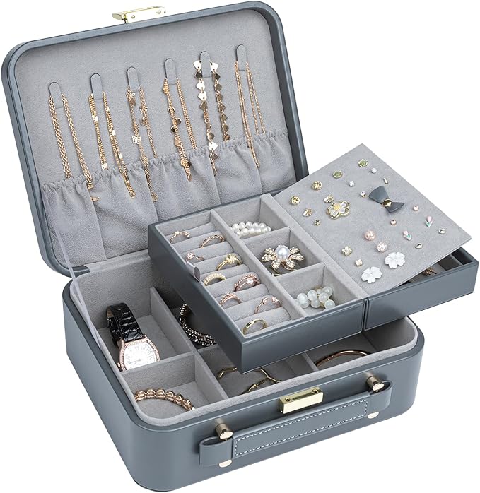 Travel Jewelry Case Large, Jewelry Box Large Jewelry Travel Organizer Jewelry Case with Handle, Best Gift for Women Girls, Grey
