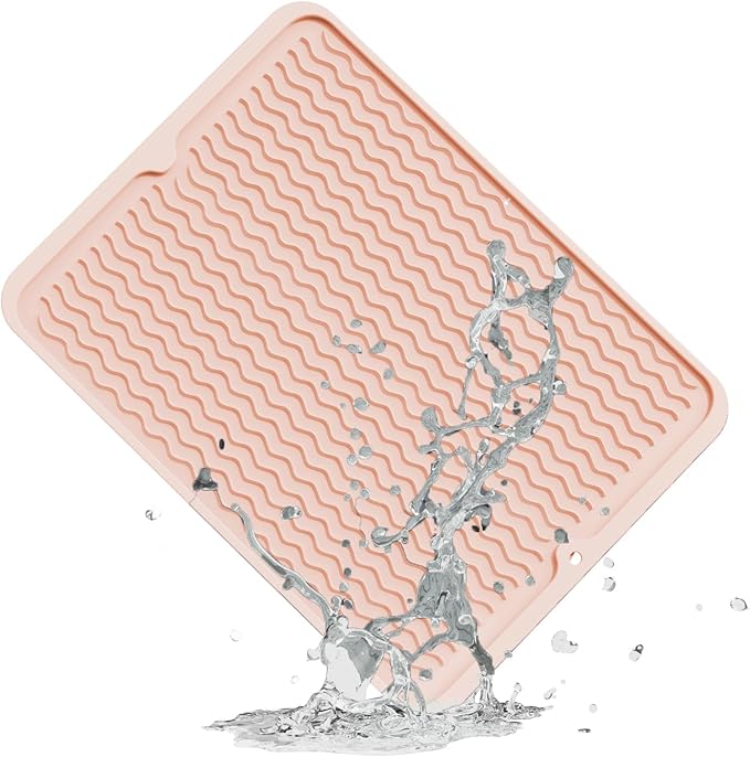 ZLR Silicone Dish Drying Mat for Kitchen Counter, Eco-Friendly Fast Dry Dish Mat, Easy Clean Multi Usage Drying Matt, Heat Resistant Trivet, 16" x 12" Large, Peach Pink