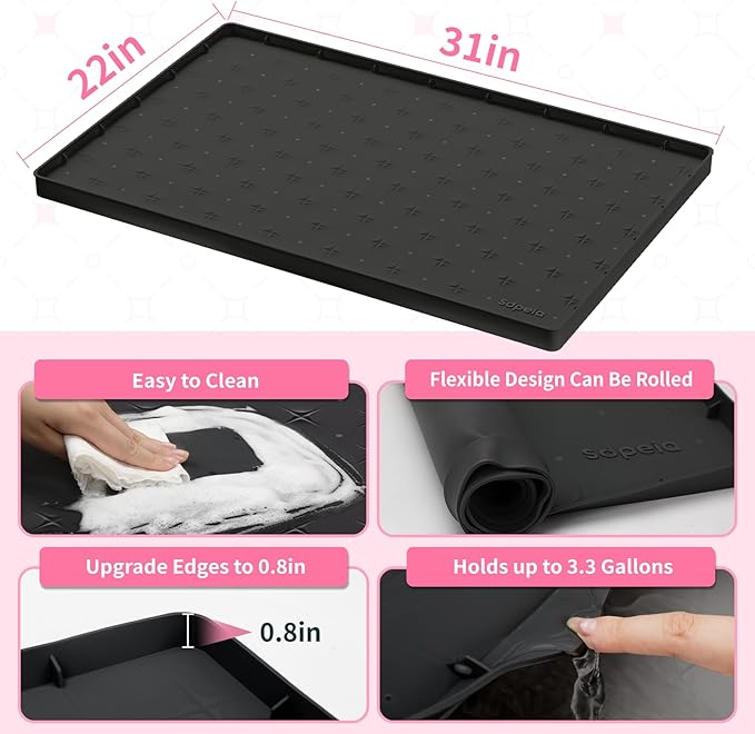 Sdpeia Under Sink Mat 31"×22" Waterproof Silicone Cabinet Liner & Sink Protector for Kitchen & Bathroom, Multi-Purpose Organizers Tray for Pets, Laundry, Cat Litter Mat, Black