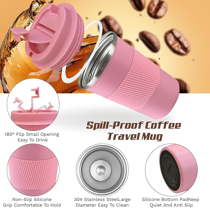 SPLMIFA Vacuum-Insulated Stainless Steel Travel Coffee Mug, Leak-Proof Reusable Coffee Cup with Lid - Keep Hot & Cold Drinks for Hours, Durable Insulated Tumbler for Men & Women(3rd-Pink, 12OZ)