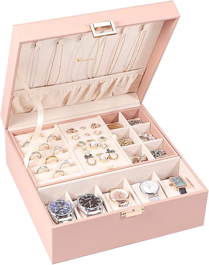 Voova Jewelry Box Organizer for Women Teen Girls, 2 Layer 5 Slot Watch Storage Case with Removable Tray, PU Leather Large Jewellery Holder Display for Watches Sunglasses Rings Earrings Necklace, Pink