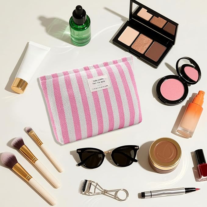 ZLFSRQ Striped Makeup Bag Large Canvas Makeup Bag for Women Pink Cosmetic Pouch for Purse Cute Striped Pencil Pouch Y2k Aesthetic Trendy Zippered Travel Toiletry Bags Gift Skincare Storage Organizer