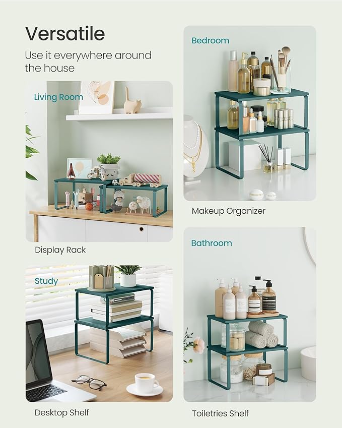 SONGMICS Cabinet Organizer Shelf, Set of 2 Kitchen Counter Shelves, Kitchen Storage, Spice Rack, Stackable, Expandable, Metal and Engineered Wood, Marrs Green UKCS002C02