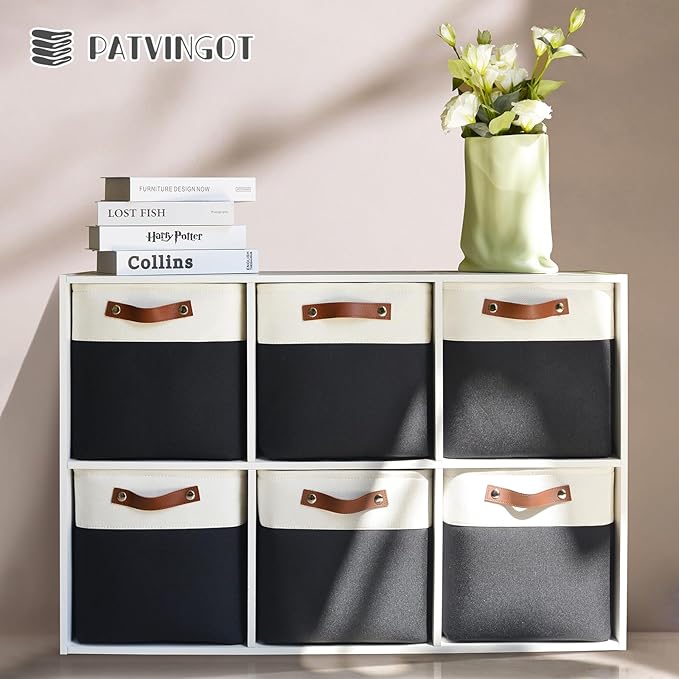 Patvingot 6-Pack Foldable Fabric Storage Cubes 11x11 Inch, Sturdy Cube Organizer Bins with Leather Handles, Storage Baskets for Closet Shelves and Home Organization(White/Black)