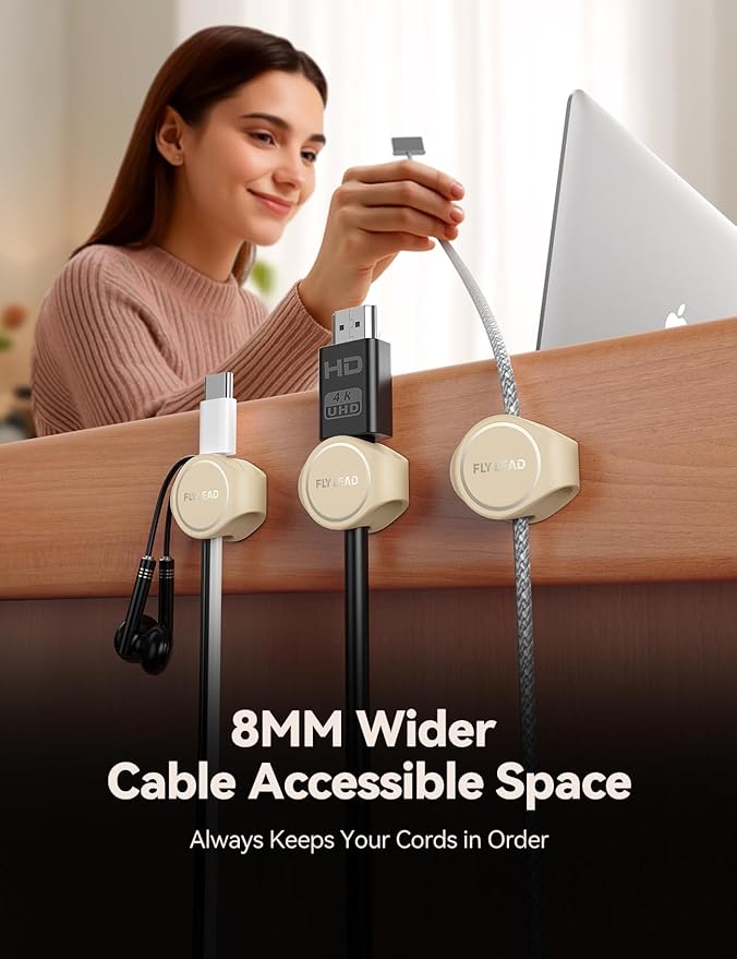 8-Pack Cord Organizer Magnetic Silicone Cable Clips [8mm Wider Cable Accessible] Desktop Cable Management, FLYLEAD Desktop Cord Holder for Nightstand, Office Workspaces Desk Organization Home Accessories