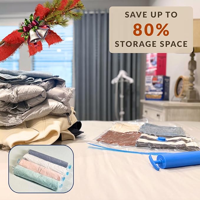 12 Pack Vacuum Storage Bags with Hand Pump, Compression Space Saver for Comforter, Bedding, Blanket Storage, Vacuum Seal Bags for Clothing, Luggage Suitcase and Closet Organizer