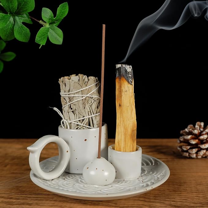 5-in-1 White Ceramic Palo Santo Burner & Holder - Small Candle and Smudge Tray for Incense Sticks & Cones, Sage, Zen Meditation Altar Accessory – Compatible with Matches for Aromatic Scents