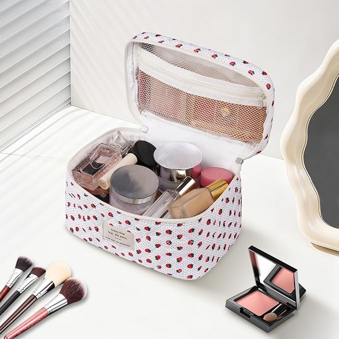 Large Makeup Bag, Cute Cosmetic Bag for Women Girls, Floral Coquette Aesthetic Toiletry Bag, Travel Make Up Organizer Bag (Strawberry)