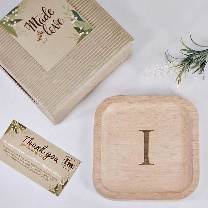 Wooden Personalized Letter Catchall Valet Tray Trinket Dish Jewelry Tray Key Bowl Decorative Plate Organizing Ring Earrings Necklaces Bracelet Watch Coins Wallet Holder (6"x6" Sq Natural "I")