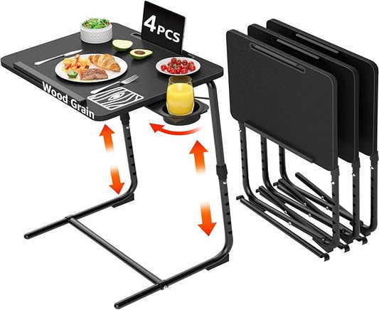 TV Trays Set of 4 - Folding TV Tray Adjustable Dinner Trays for Eating On Couch Wooden Tables Mate Stand Foldable Black Desk with Cup Holder Portable