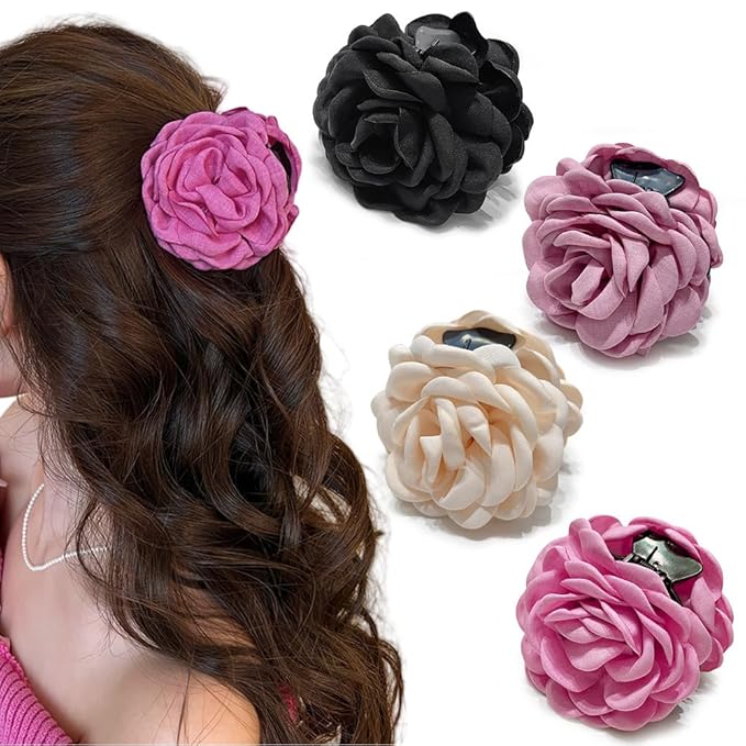 4pcs Handmade Fabric Rose Flower Hair Claw Clip for Women Girls, 3.94" Large Boho Hawaiian Floral Hairpins Barrettes for Thick Thin Hair Styling Accessories(Pink Purple)