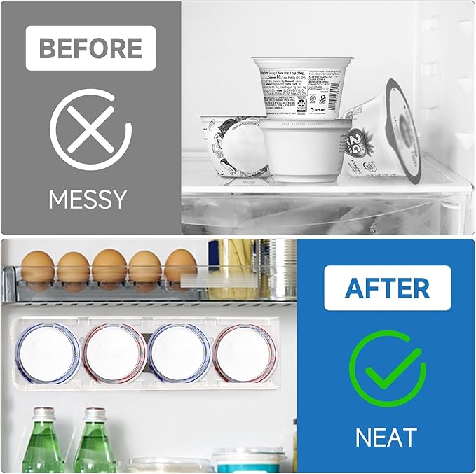 SOPHICO Organizer for Fridge, 4 Capacity Sliders for Refrigerator, Yogurt Holder With Adhesive Tapes for 3.75 Inch Greek and Vegan Yogurt (Transparent, 1 Pack)