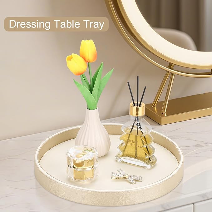 GORESE Gold Decorative Coffee Table Tray, 12" PU Leather Round Trays for Home Decor, Table Centerpiece for Living Room, Vanity, Dresser Decor, Valet Tray for Perfume Jewelry Organize - Gold & Cream