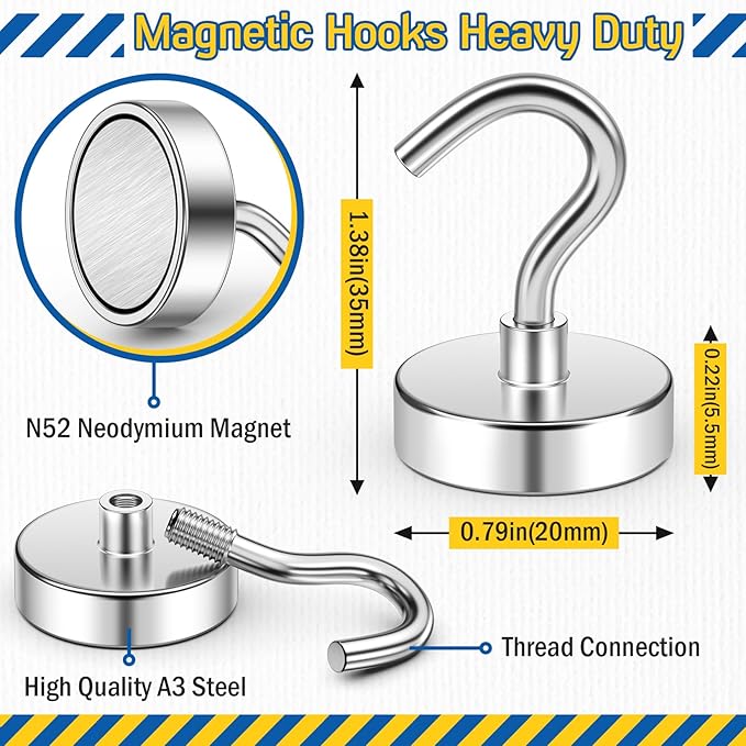 FINDMAG Magnetic Hooks, 50lbs Strong Magnetic Hooks for Hanging, Neodymium Heavy Duty Magnet Hooks, N52 Rare Earth Magnet Hooks for 2026 Cruise Cabin Ship Essentials, RV, Fridge, (6 Pack, Silver)