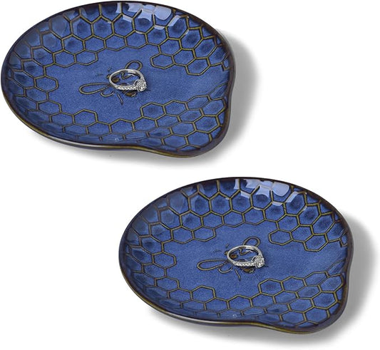 GDCZ Ceramic Jewelry Tray, 5.3" Decorative Dish, Personalized Jewelry Trays with Pattern, Gifts for Friends, Sisters and Women, Set of 2 (Blue)