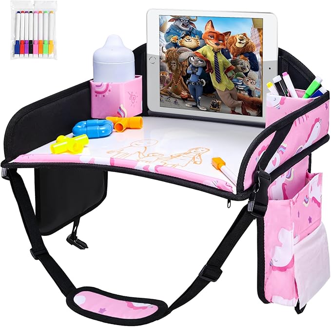 2PCS Kids Travel Tray, Car Seat Tray for kids Travel, Toddler Road Trip Essentials With Drawing Kit, Toddler Lap Desk Organizer for Car, Carseat Table for Airplane