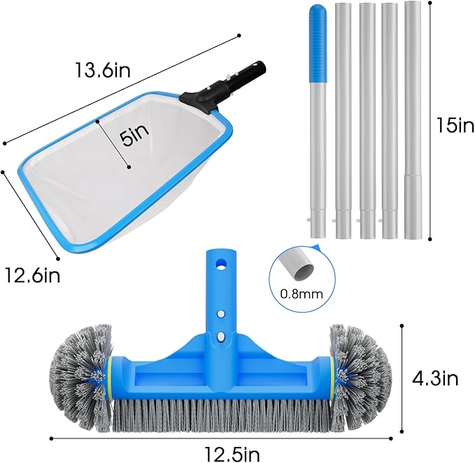 TidyMister 3PCS Cleaning Kit - 12.5'' Brush With Round End & 11'' Skimmer Net Fine Mesh & 5.7 Feet Thick Aluminum Pole 5-Segment, for Above Ground & Inground Pools Ponds
