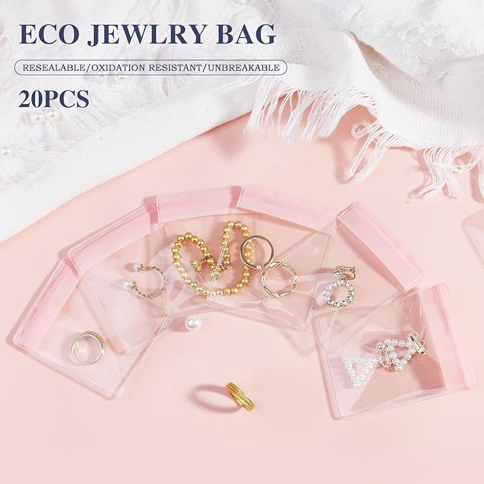 Travel Jewelry Bags, 20Pcs Clear Travel Jewelry Organizer, Portable Anti Tarnish Jewelry Storage Pouch Bag Gift for Women Girl, 20Pcs Pink Bags
