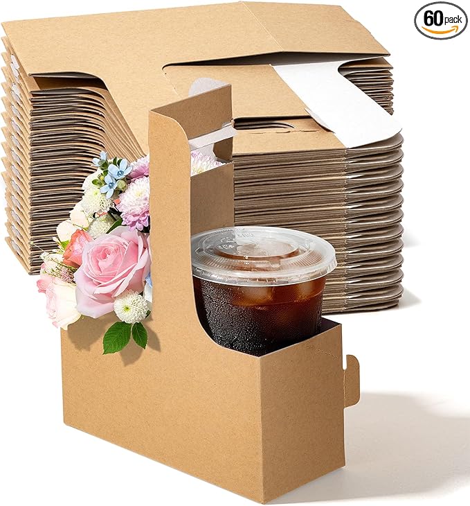 FMP Brands 2 Cup Disposable Drink Carrier with Handle, 60 Pack Kraft Paperboard Handled Drink Carriers 12-30 oz to Go Coffee Cup Holder, Cup Carrier for Cold Hot Drinks, Valentine Mother's Day