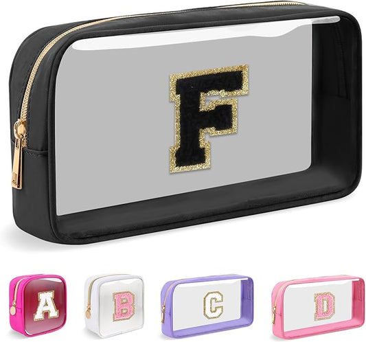 Small Clear Personalized Initial Makeup Bag,Nylon Preppy A-Z Chenille Letter Patch Cosmetic Pouch Beach Toiletry Bag,Waterproof Zipper Travel Purse Storage Bag Organizer for Women Girls(Black-Black F)