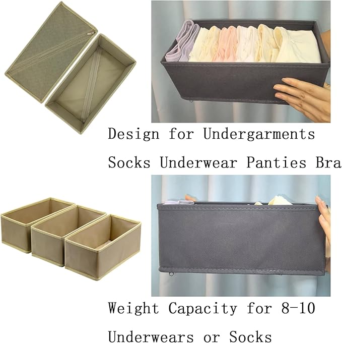 Socks Drawer Organizer Set of 3 Pack Khaki, 11' Small Underwear Dividers, Closet Cabinet Dresser Wardrobe Storage Boxes for Panty Stockings Leggings Bra
