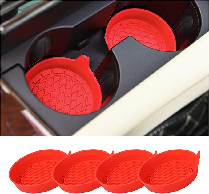 4PCS Car Cup Holder Coaster, Silicone Non-Slip Vehicle Cup Holder Insert Pads, Automotive Interior Insulation Drink Cup Mats Decor Accessories, Universal for SUV, Sedan, Truck (Red)