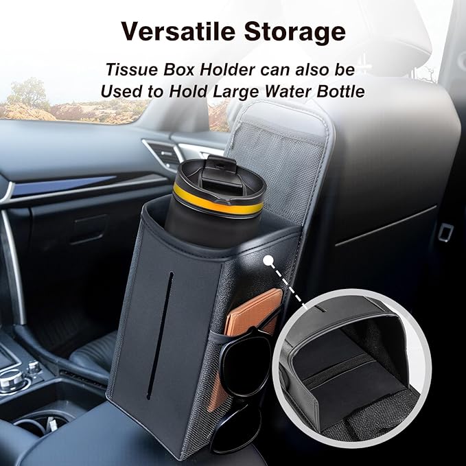 Car Tissue Holder, Rectangle Tissue Box Cover for 60/120/180 Count Kleenex Tissue Boxes, Car Storage Organizer Front Seat with Napkin Holder and 3 Pockets,Seat Side Car Organizer for Cars,SUVs,Trucks