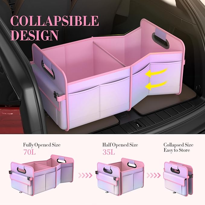 Trunk Organizer For Suv&Sedan,Car Organizers & Storage, Waterproof Collapsible & Adjustable Straps,70L Sturdy Car Organization for Car Accessories,Tools,Sundries,2-3Compartment(Colorful Pink)