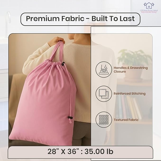 LFH Home Large Premium Cotton Canvas Laundry Bag with Drawstring and Handles Heavy Duty, Multi-Use, Washable for Home, Travel, College or Storage 28x36 (Pack of 2)-Pink