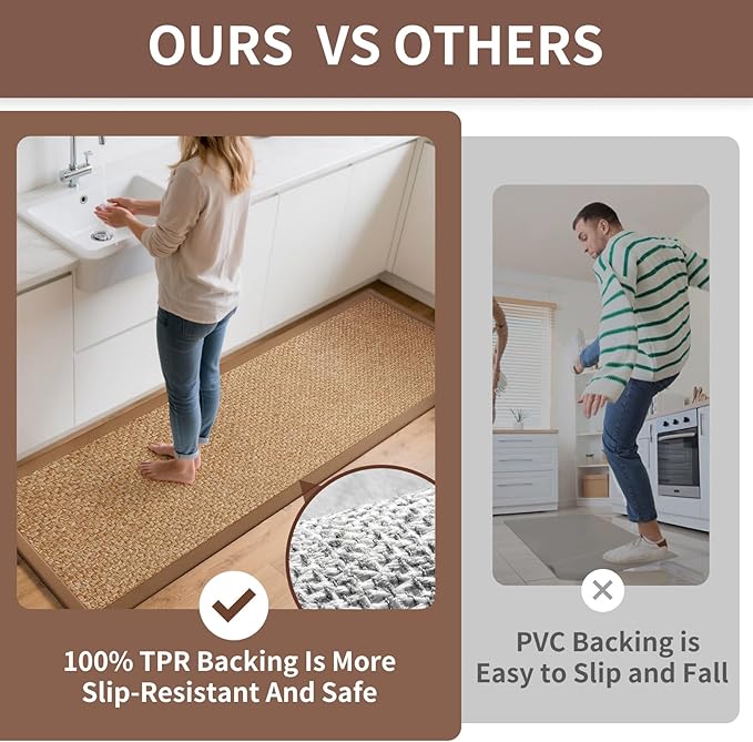 YDKGL Kitchen Rugs Non Slip Washable, Super Absorbent Kitchen Mats for Floor, Rubber Backing Jute-Like Braid Kitchen Sink Mat Runner Rug Standing Floor Mat, Easy to Clean, Brown 17"x47"