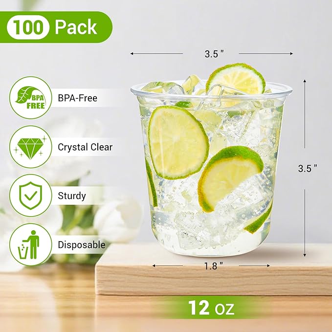 Soelomu 12 oz Disposable Stemless Wine Glasses, 100 Pcs Crystal Plastic Cocktail Cups Clear Classic Cold Drinking Party Glasses for Wedding Gathering Birthday Meeting (Clear)