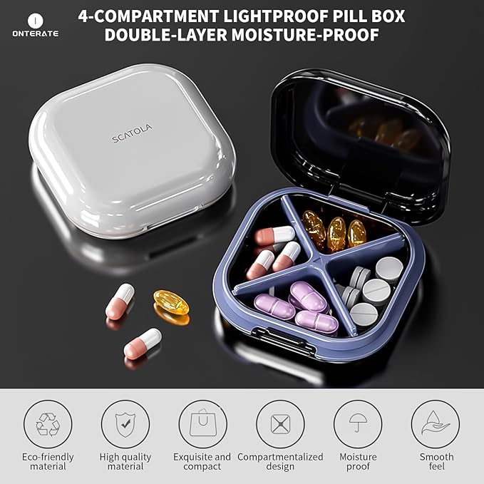 Small Pill Case, Travel Pill Organizer, Small Pill Box, Pill Container for Purse 4 Compartments, Daily Compact Travel Medicine Holder for Vitamins Medication (Purple)