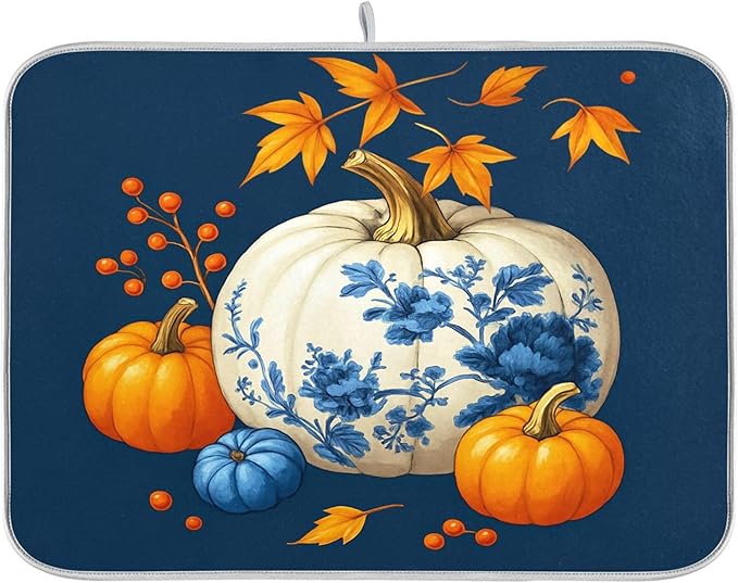 Pumpkin Porcelain Blue White Dish Drying Mat for Kitchen Countertop 18x24 Fall Maple Leaves Thanksgiving Day Large Drying Mat Reusable Quick Dry Dish Sink Mats Easy Clean Autumn Decorative Essentials