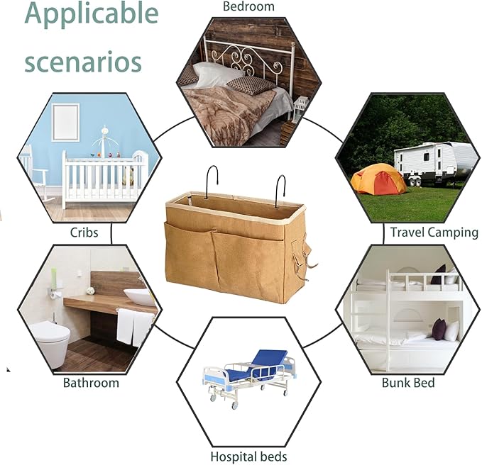 Bedside Caddy Bedside Hanging Storage Basket Multi-Function Organizer Caddy for Bunk and Hospital Beds Dorm Rooms Bed Rails, Can be Placed Glasses Books Mobile Phones（Dark khaki）
