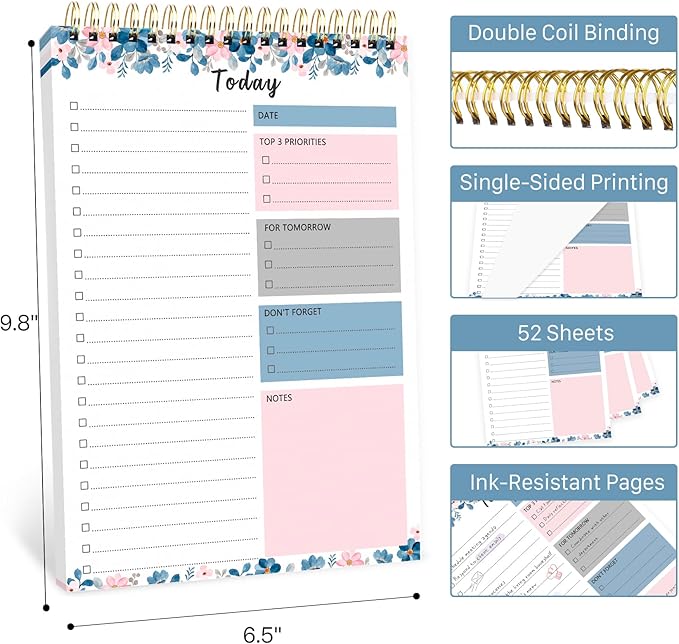 To Do List Notepad - To Do List Notebook for Work with 52 Sheets, Undated Daily Planner Perfect for Enhanced Productivity and Goal Achievement - Blue Petal